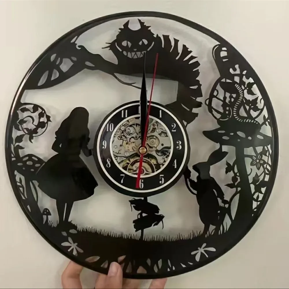 Alice in Wonderland 12”Black Lp wall clock . Battery operated .